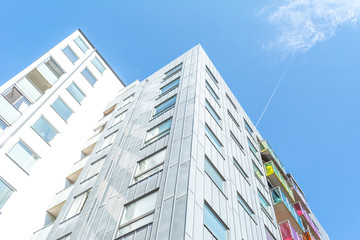 Fototapeta premium Modern Luxury Scandinavia Apartment Building wiith Blue Sky in Home Residential Area