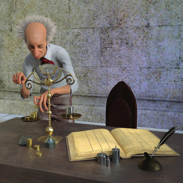 Realistic 3D render illustration of a cunning money-lender who weighs gold coins on the scales, calculating his profit