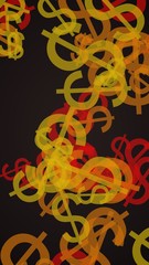 Multicolored translucent dollar signs on dark background. Orange tones. 3D illustration