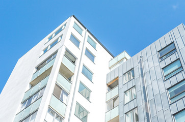 Fototapeta premium Modern Luxury Scandinavia Apartment Building wiith Blue Sky in Home Residential Area