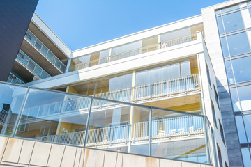 Modern Luxury Scandinavia Apartment Building wiith Blue Sky in Home Residential Area