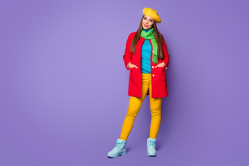 Full length body size view of her she nice attractive lovely pretty cheerful content straight-haired girl wearing cool season look posing isolated on lilac purple violet pastel color background