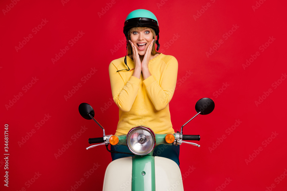 Canvas Prints Portrait of amazed crazy funky girl moped rider impressed by incredible wind-like speed scream wow omg wear shine good look jumper isolated over shine color background