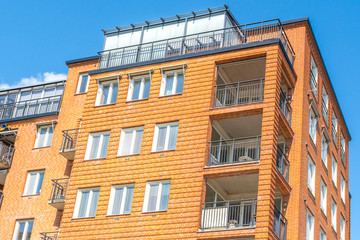 Fototapeta premium Modern Luxury Scandinavia Apartment Building wiith Blue Sky in Home Residential Area