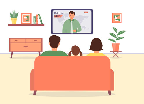 The family watches daily news on TV while sitting on the couch in the living room. Cute vector illustration.