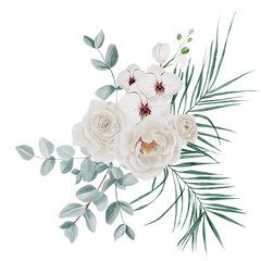 Creamy roses, orchids, eucalyptus and palm leaves bouquets