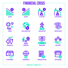 Financial crisis after pandemic.  Dollar inflation, deflation, oil price, walking on razor, emergency funds, unemployment, social benefit, humanitarian aid. Thin line icons set. Vector illustration.