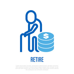 Retirement savings. Pension fund. Elderly with stack of coins. Thin line icon. Vector illustration.