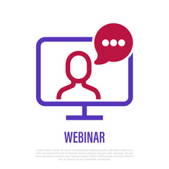 Webinar, online conference or tutorial. Monitor with speaking man. Online education. E-learning. Thin line icon. Vector illustration.