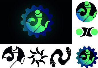 Wavy cog logo set on a dark background with blue and green colors. Different variations of silhouettes. Fix and repair app vector design.