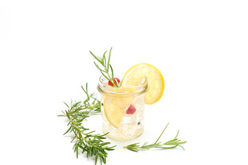 refreshing tonic drink with ice, lemon and fresh fruit.