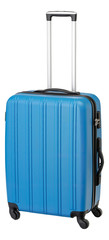 Suitcase trolley with blue hard shell isolated on white
