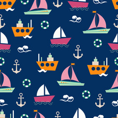 Obraz na płótnie Canvas Seamless cute pattern made with boats, ships, water, lifebuoy, yacht, seagull, sea, and anchor. Suitable for printing, fabric, textile, wrapping paper.