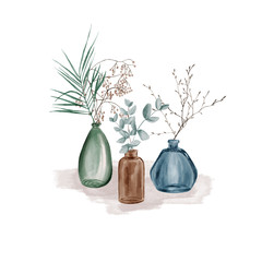 Set of home decor green, blue and brown glass vases with palm leaf, eucalyptus and branches