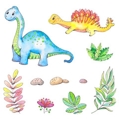 Watercolor Dinosaur Isolated on a White Background Hand Drawn Illustration. Good for kid's t-shirts, banner, card, logo, poster template. dino set