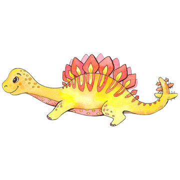 Watercolor Dinosaur Isolated on a White Background Hand Drawn Illustration. Good for kid's t-shirts, banner, card, logo, poster template. dino set