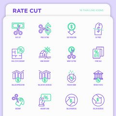 Rate cut thin line icon set: cutting price, cost reduction, sale, discount, receipt, loyalty card, interest. Modern vector illustration.