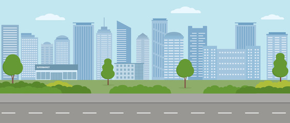 Modern city. City life illustration with house facades, road and other urban details.  Panoramic view. Flat style, vector illustration. © alazur