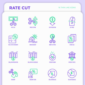Rate cut thin line icon set: cutting price, cost reduction, sale, discount, receipt, loyalty card, interest. Modern vector illustration.