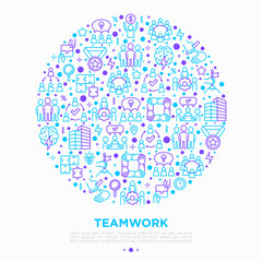 Teamwork concept in circle with thin line icons: relay race, brainstorm, success, meeting, idea share, collaboration, joint project, unity, support, delegation, bonus. Modern vector illustration.