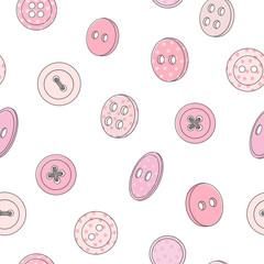 Seamless pattern with various pink buttons on a white background. Hand-drawn.