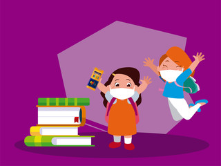 Girls with masks school books and bags vector design