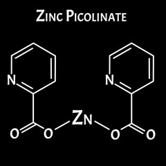Zinc picolinate molecular chemical formula. Zinc infographics. Vector illustration on isolated background.