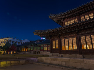 Beautiful Asian royal palace in Seoul. National korean buildings on sunset