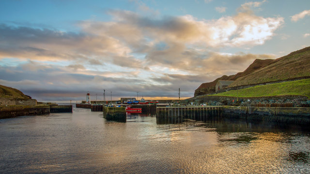 late sunset view of the harbour at Lybster, Caithness