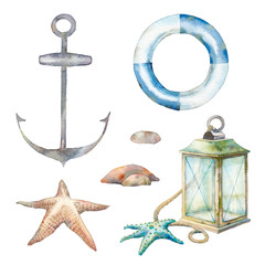 Nautical decor set: lamp, sea starfish, anchor, stones. Isolated illustrations on white background © ldinka