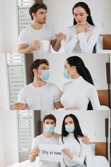 collage with ill couple in medical masks holding Stay at home sign, cup and thermometer at home during self isolation