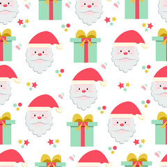 Seamless Scandinavian vector background, decorative Christmas symbols, Santa Claus, gift boxes for design greeting card, wallpaper, wrapping paper.