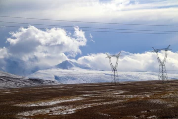 Printed roller blinds Shishapangma Plateau, high-voltage transmission tower, blue sky and white clouds, ice lake and distant Shishapangma Peak