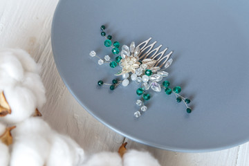 Emerald hair comb with silver leaves and crystal beads