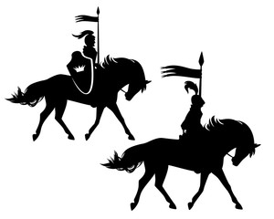 medieval royal knight riding horse - fairy tale hero horseman black and white vector silhouette