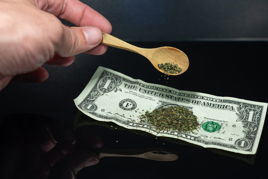 Snus - grated moistened powder and chewing tobacco on a dollar background. No legal trade concept