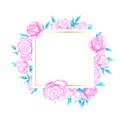 Frame of watercolor beautiful purple peonies, green leaves, gold, hand-painted on a white background, for wedding and other holiday decorations, Wedding card with frame