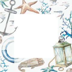 Obraz premium Watercolor nautical frame. Sea decor illustrations card.