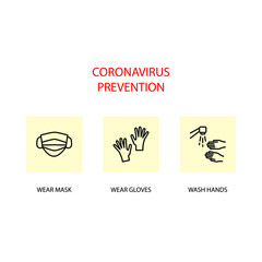 Covid-19 disease prevention icon. Coronavirus protection related icons: face mask, gloves, disinfect hands