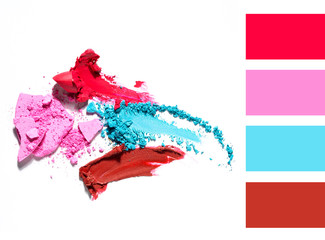 Creative concept photo of cosmetics swatches beauty products lipstick on white background.