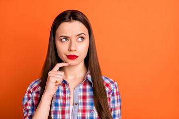 Closeup photo of attractive lady bright red pomade look side empty space have doubts not sure...