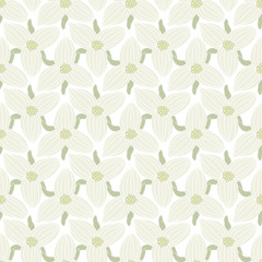 Fototapeta na wymiar Vector Flowers in White Gray with Green Leaves on White Background Seamless Repeat Pattern. Background for textiles, cards, manufacturing, wallpapers, print, gift wrap and scrapbooking.