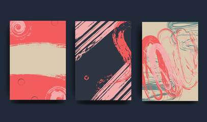 Collection of creative universal art postcards. Hand drawn texture. Trendy graphic design for banner, poster, card, cover, invitation, brochure, flyer. Brush stroke imitation .Vector