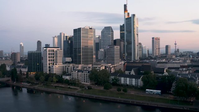Aerial of Skyline from Frankfurt super smooth Dolly in Move