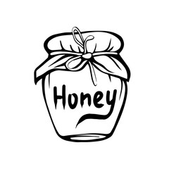 A jar of honey, isolated on a white background. Bee honey. Strengthening the immune system. Hand-drawn vector illustration in the Doodle style.