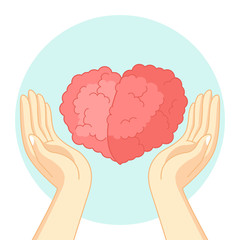 Mental Health Care, Hand holding Heart and Brain