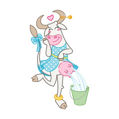 Happy cartoon smiling milking cow in cute dotted dress