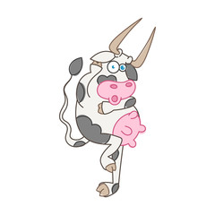 Frightened cartoon cow with long horns. Surprise tail