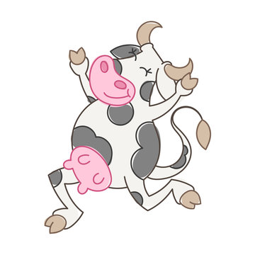 Happy cartoon jumping and dancing smiling cow