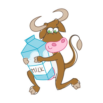 Happy cartoon smiling cow with a box of milk